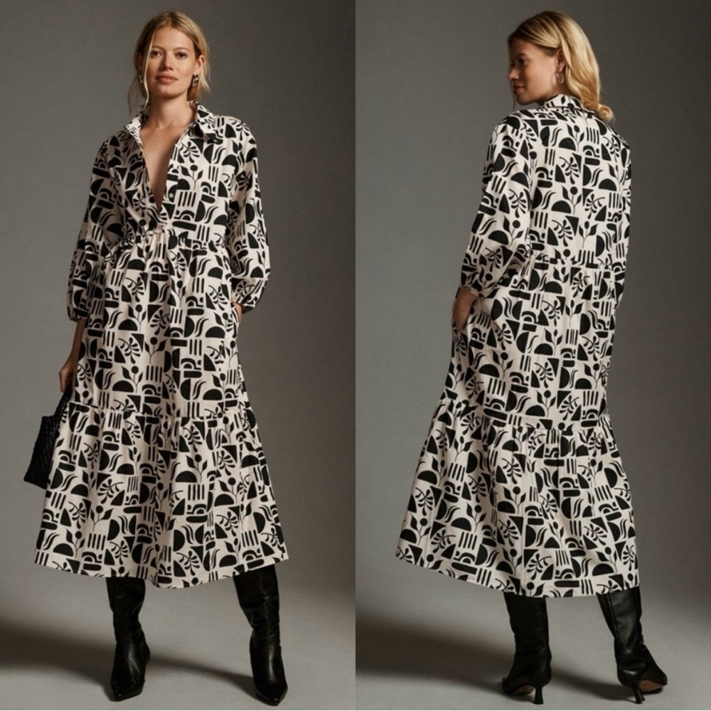 Anthropologie Maeve Women's Black Zebra The Bettina Tiered Shirt Dress Size XS